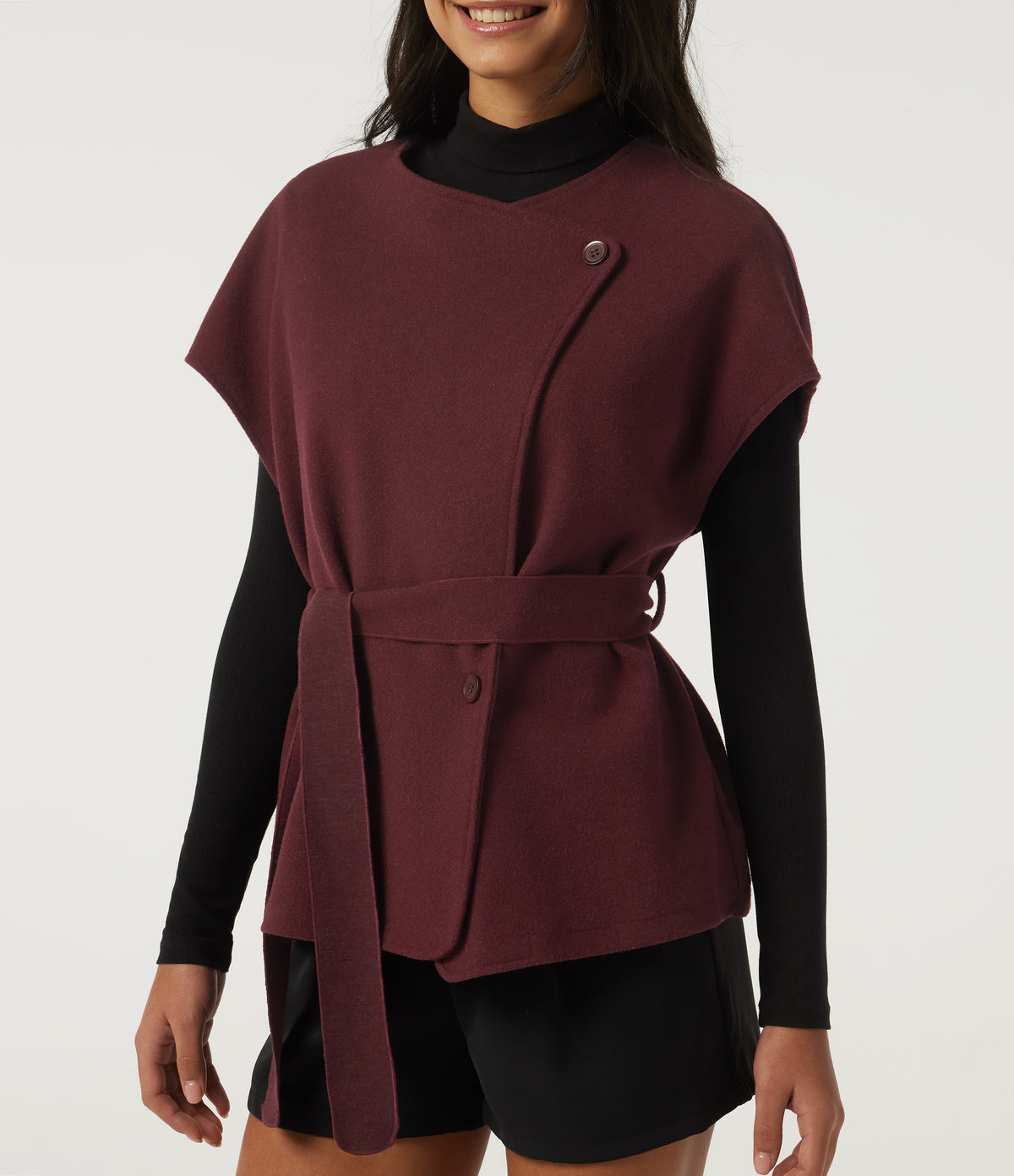 Open Front Tie Side Short Sleeve Work Coat Vest — Wine Red — view 6