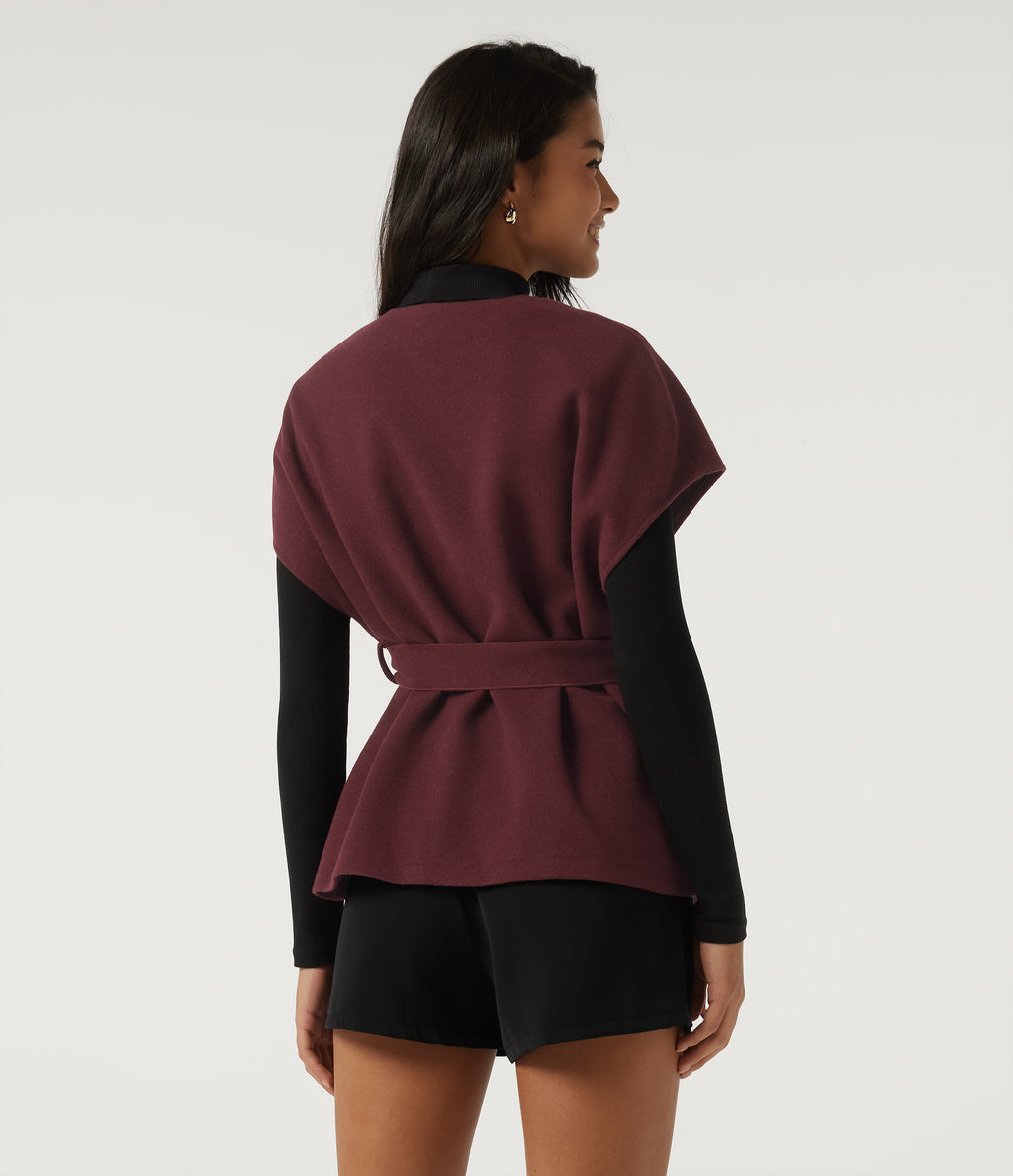 Open Front Tie Side Short Sleeve Work Coat Vest — Wine Red — view 2