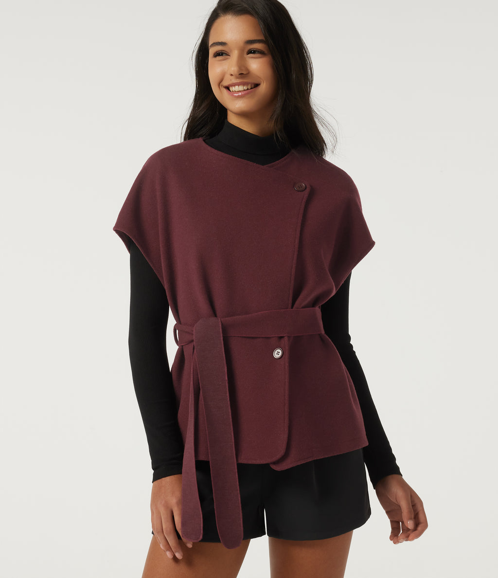 Open Front Tie Side Short Sleeve Work Coat Vest — Wine Red — view 1