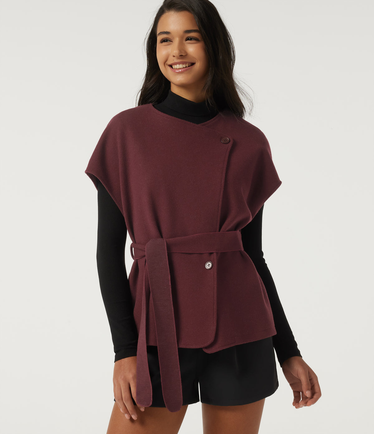 Open Front Tie Side Short Sleeve Work Coat Vest — Wine Red — view 1