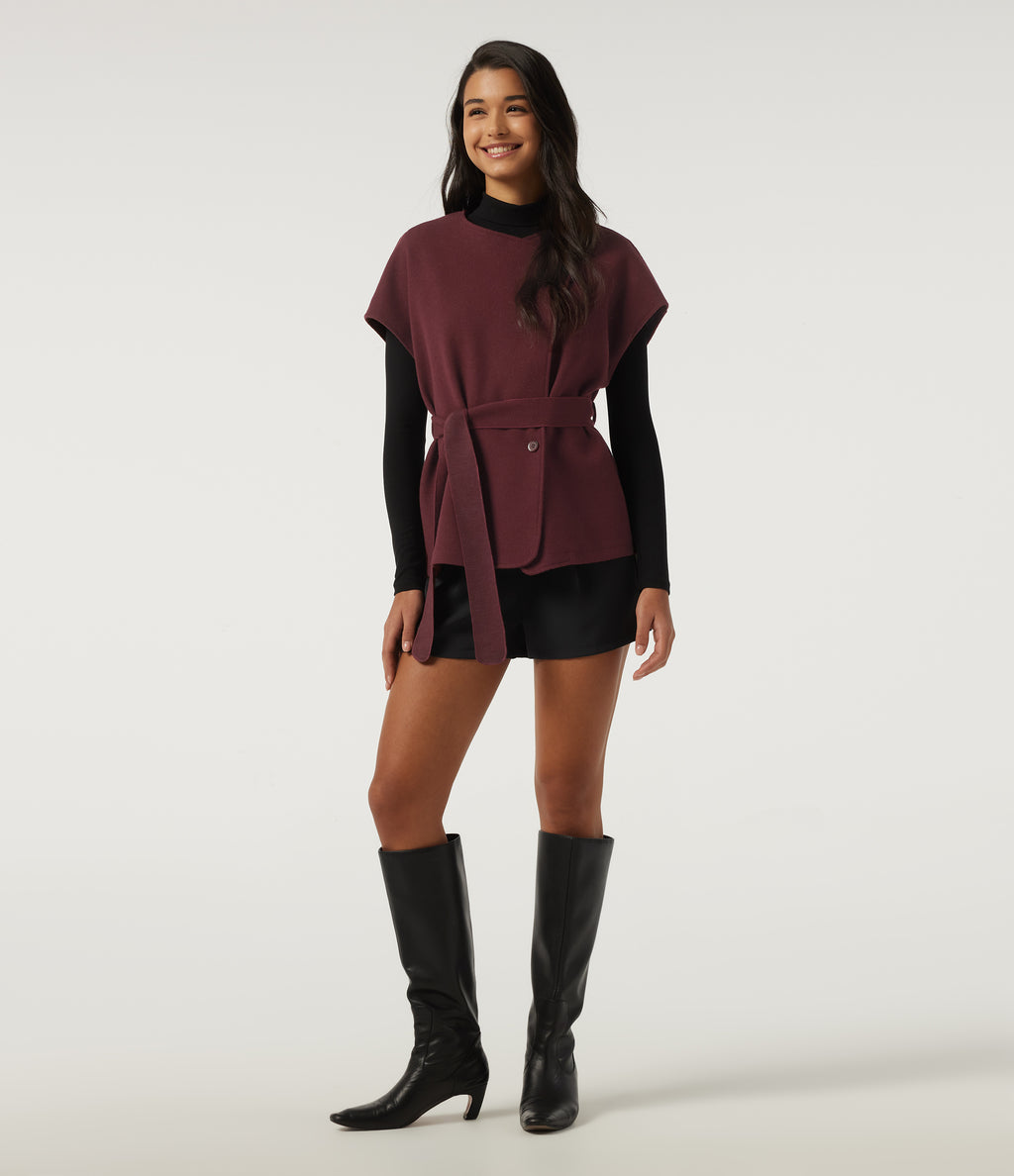 Open Front Tie Side Short Sleeve Work Coat Vest — Wine Red — view 5