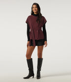 Open Front Tie Side Short Sleeve Work Coat Vest — Wine Red — view 5