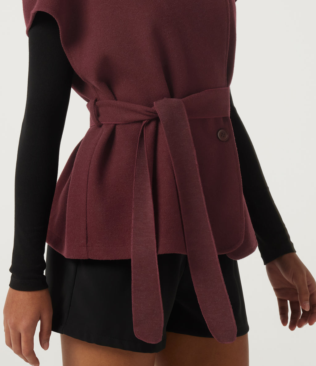 Open Front Tie Side Short Sleeve Work Coat Vest — Wine Red — view 7