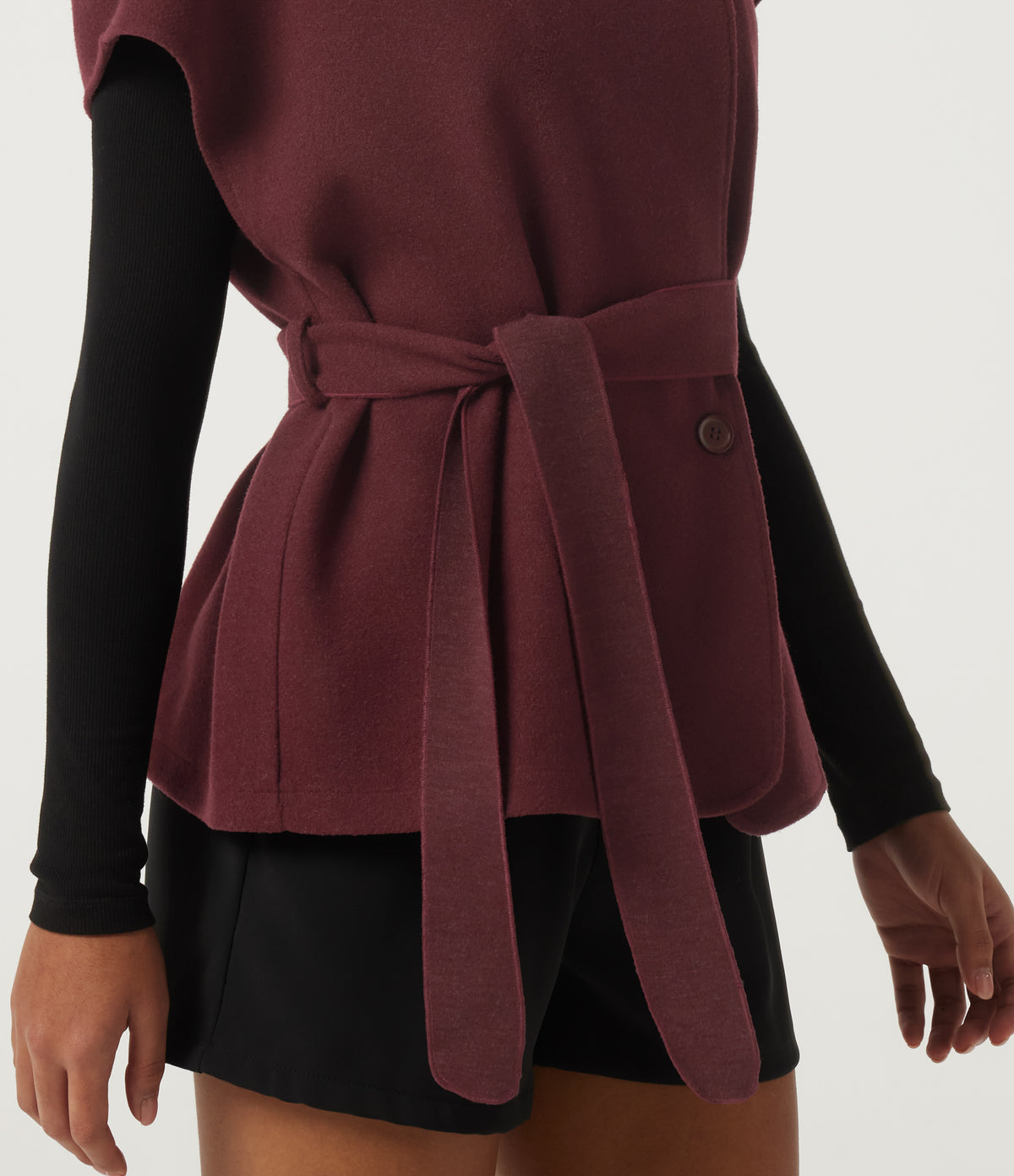Open Front Tie Side Short Sleeve Work Coat Vest — Wine Red — view 7