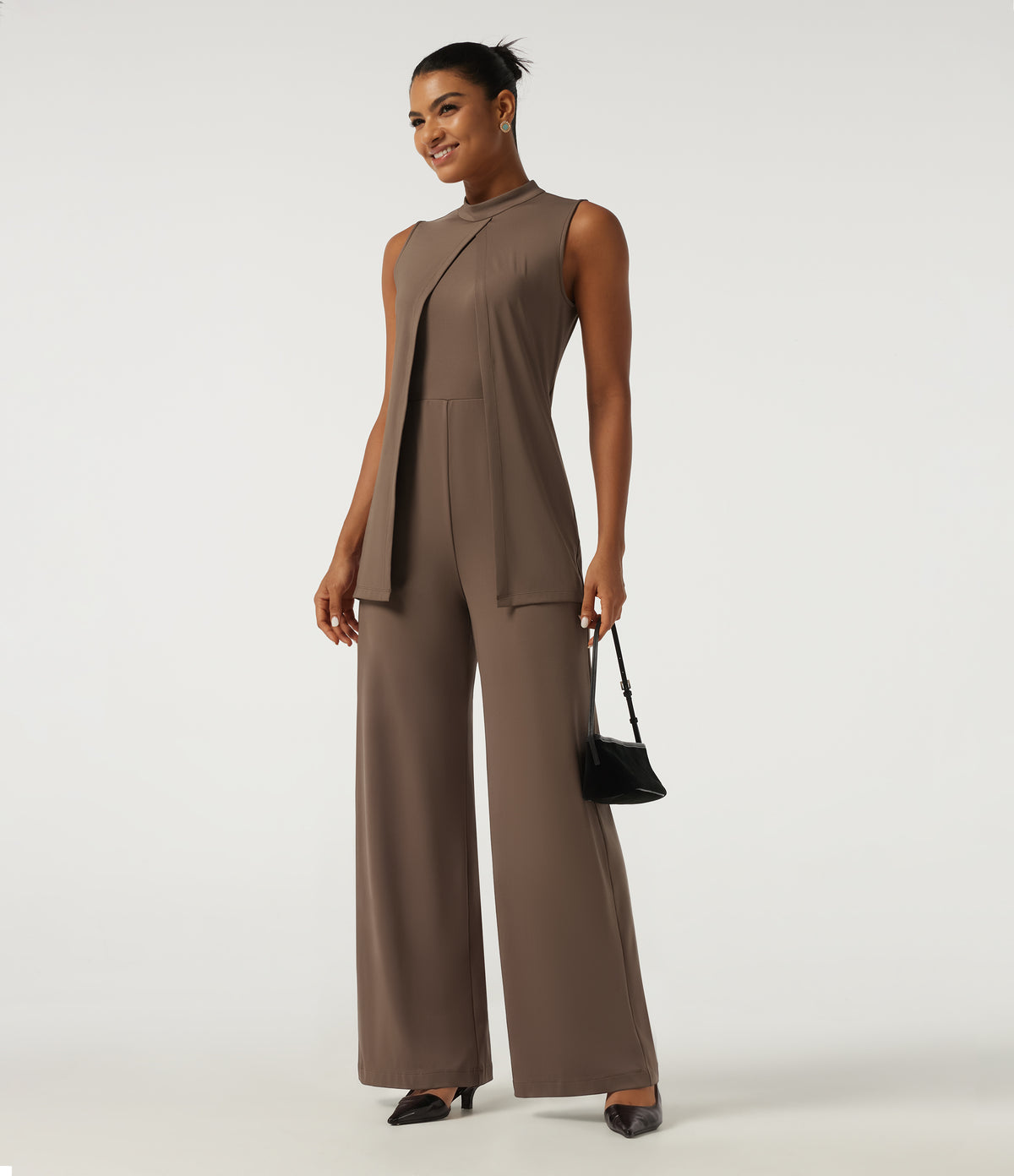 Mock Neck Split Sleeveless Straight Leg Party Jumpsuit with Pockets -Edition — Pecan Pie — view 8