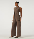 Mock Neck Split Sleeveless Straight Leg Party Jumpsuit with Pockets -Edition — Pecan Pie — view 1