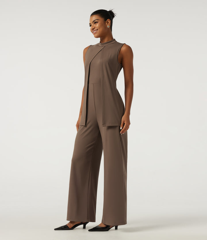 Mock Neck Split Sleeveless Straight Leg Party Jumpsuit with Pockets -Edition — Pecan Pie — view 1