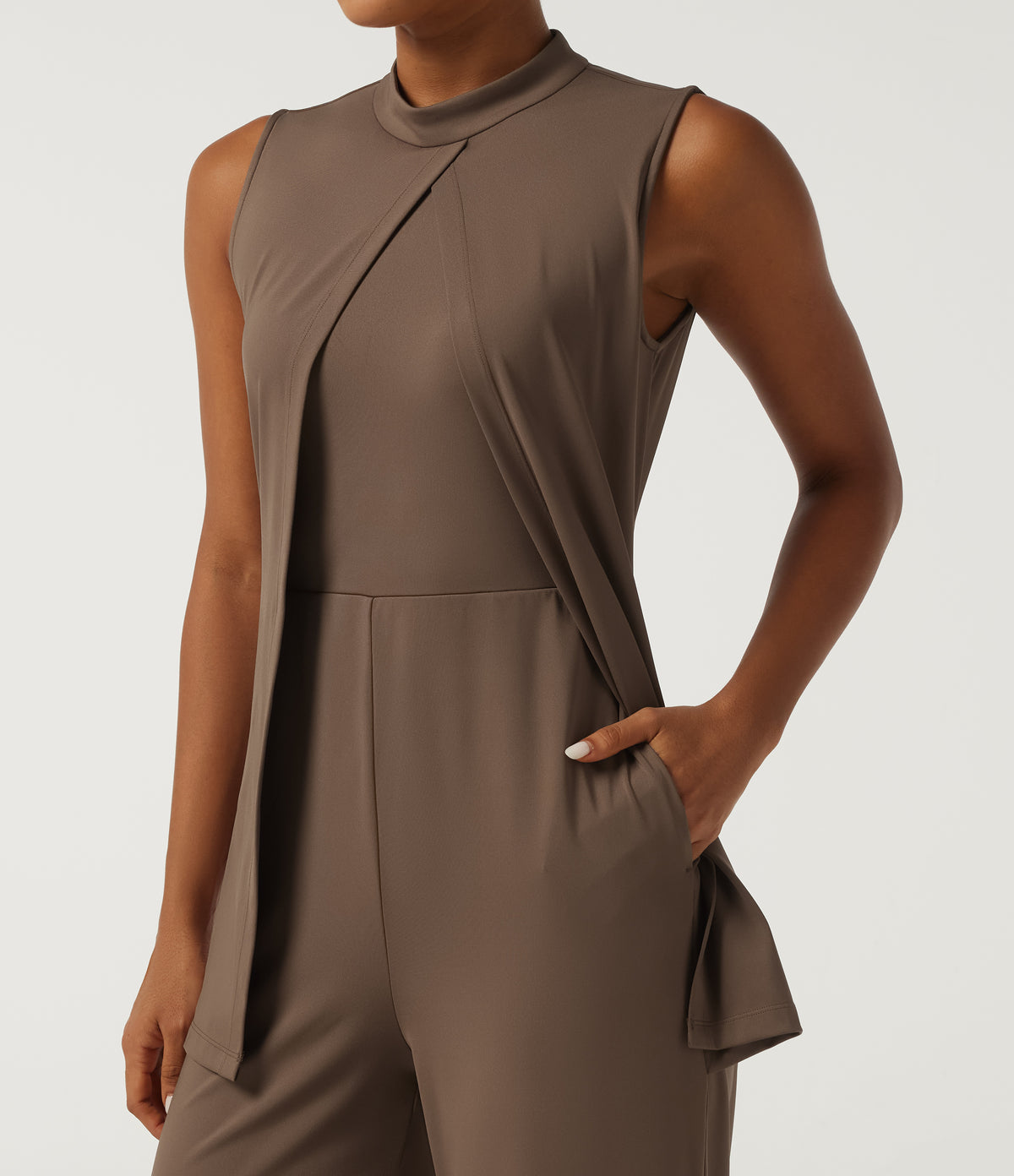Mock Neck Split Sleeveless Straight Leg Party Jumpsuit with Pockets -Edition — Pecan Pie — view 4