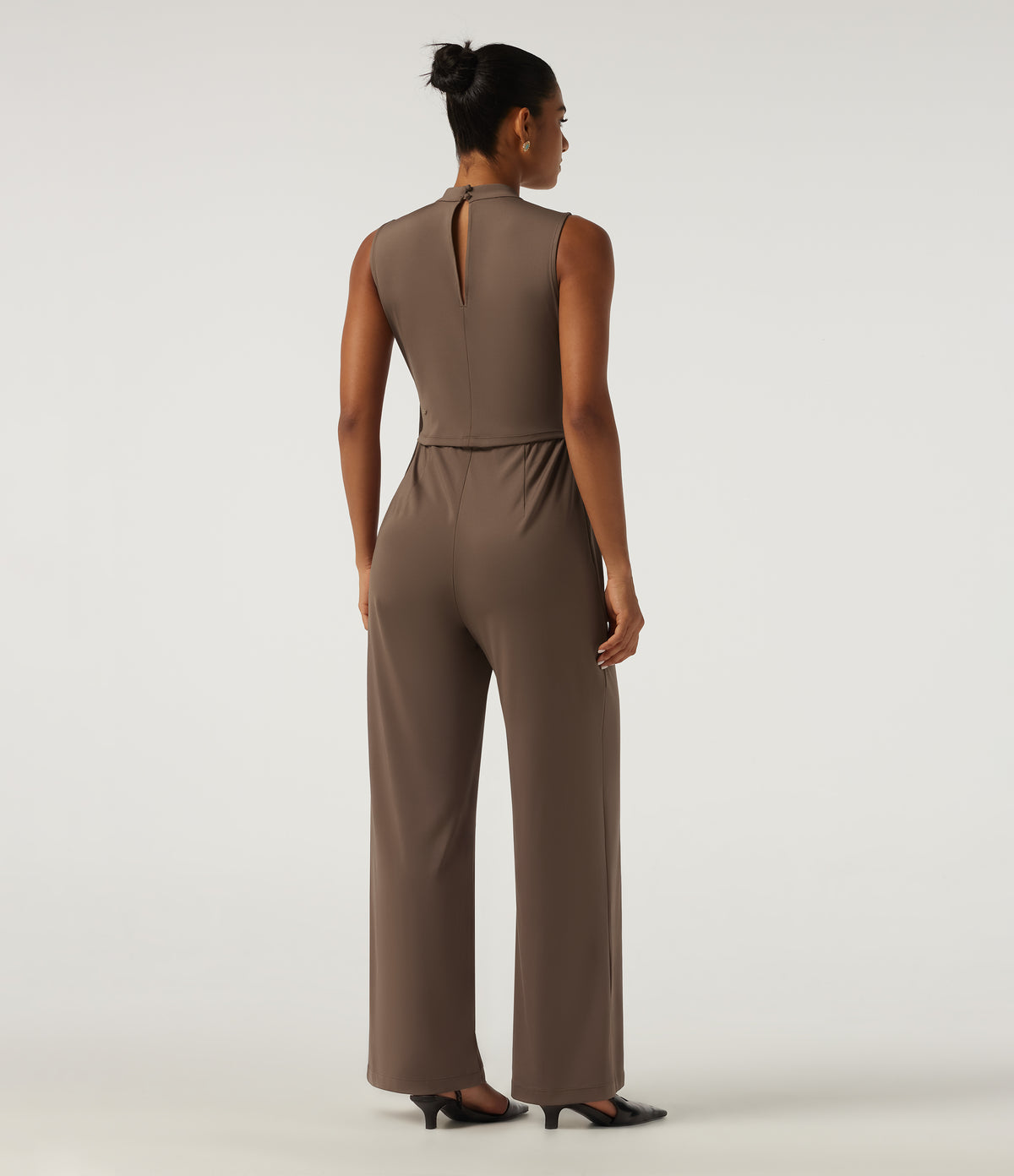 Mock Neck Split Sleeveless Straight Leg Party Jumpsuit with Pockets -Edition — Pecan Pie — view 2
