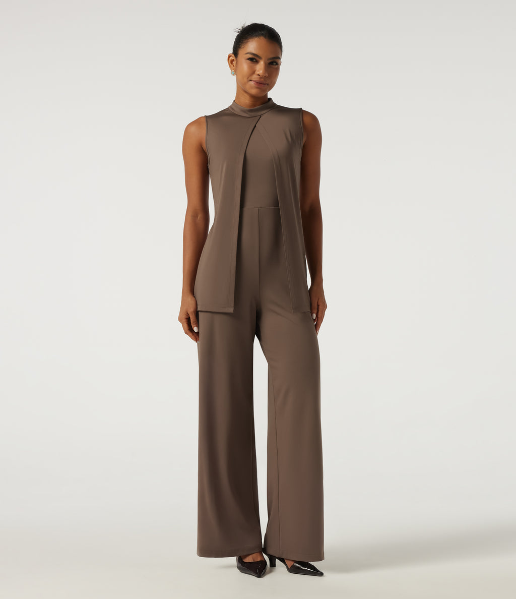Mock Neck Split Sleeveless Straight Leg Party Jumpsuit with Pockets -Edition — Pecan Pie — view 3