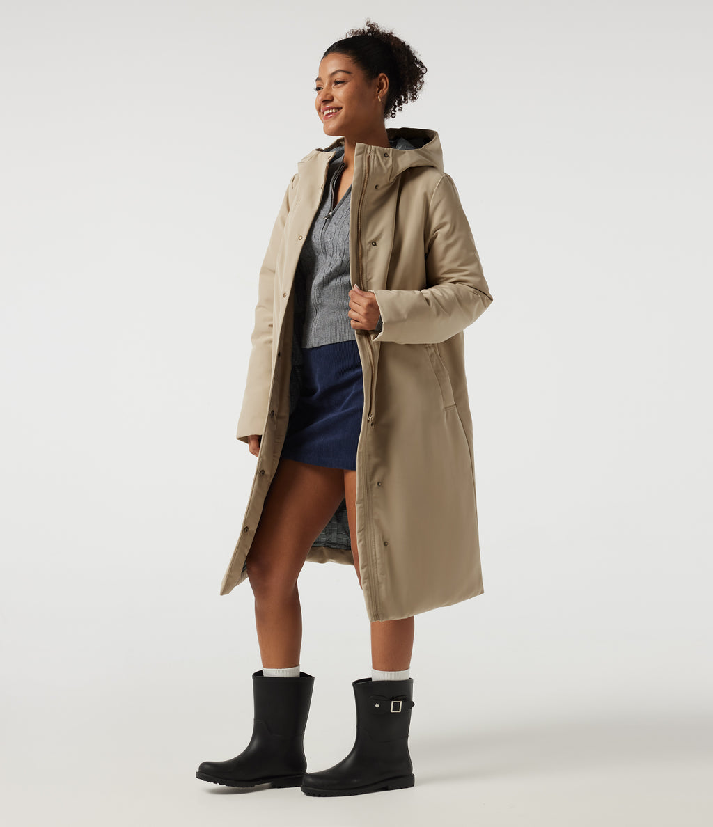 Hooded Long Sleeve Open Front Loneline Casual Down Jacket with Pockets — Khaki — view 1