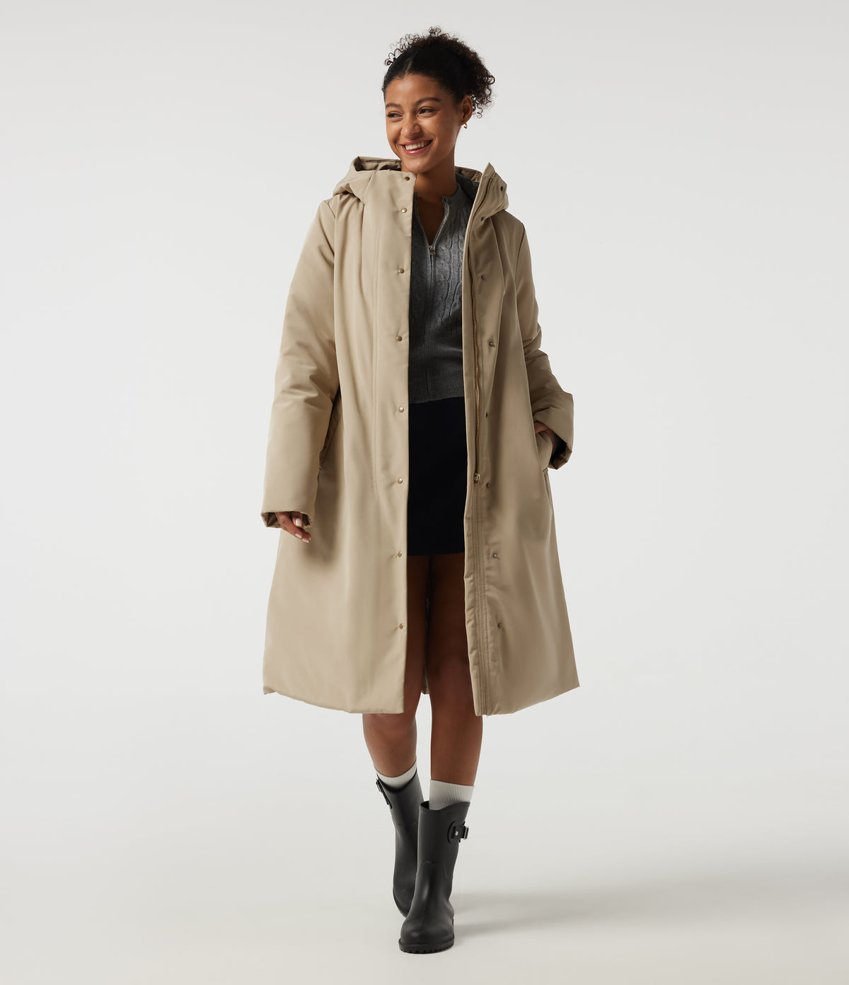 Hooded Long Sleeve Open Front Loneline Casual Down Jacket with Pockets — Khaki — view 3