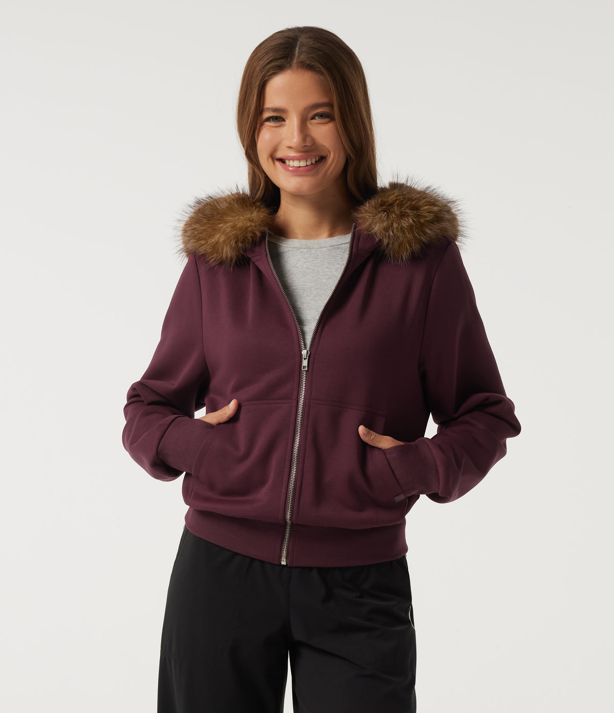 Full-Zip Casual Sweatshirt with Detachable Faux Fur Trimmed Hood and ThumbHoles and Pockets — Chocolate Truffle — view 4