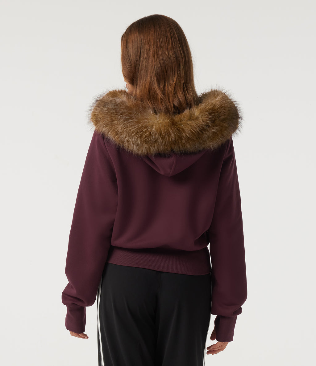 Full-Zip Casual Sweatshirt with Detachable Faux Fur Trimmed Hood and ThumbHoles and Pockets — Chocolate Truffle — view 2