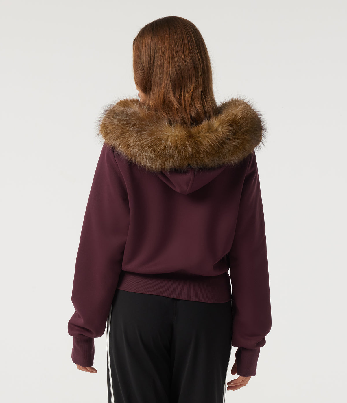 Full-Zip Casual Sweatshirt with Detachable Faux Fur Trimmed Hood and ThumbHoles and Pockets — Chocolate Truffle — view 2