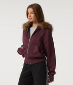 Full-Zip Casual Sweatshirt with Detachable Faux Fur Trimmed Hood and ThumbHoles and Pockets — Chocolate Truffle — view 3