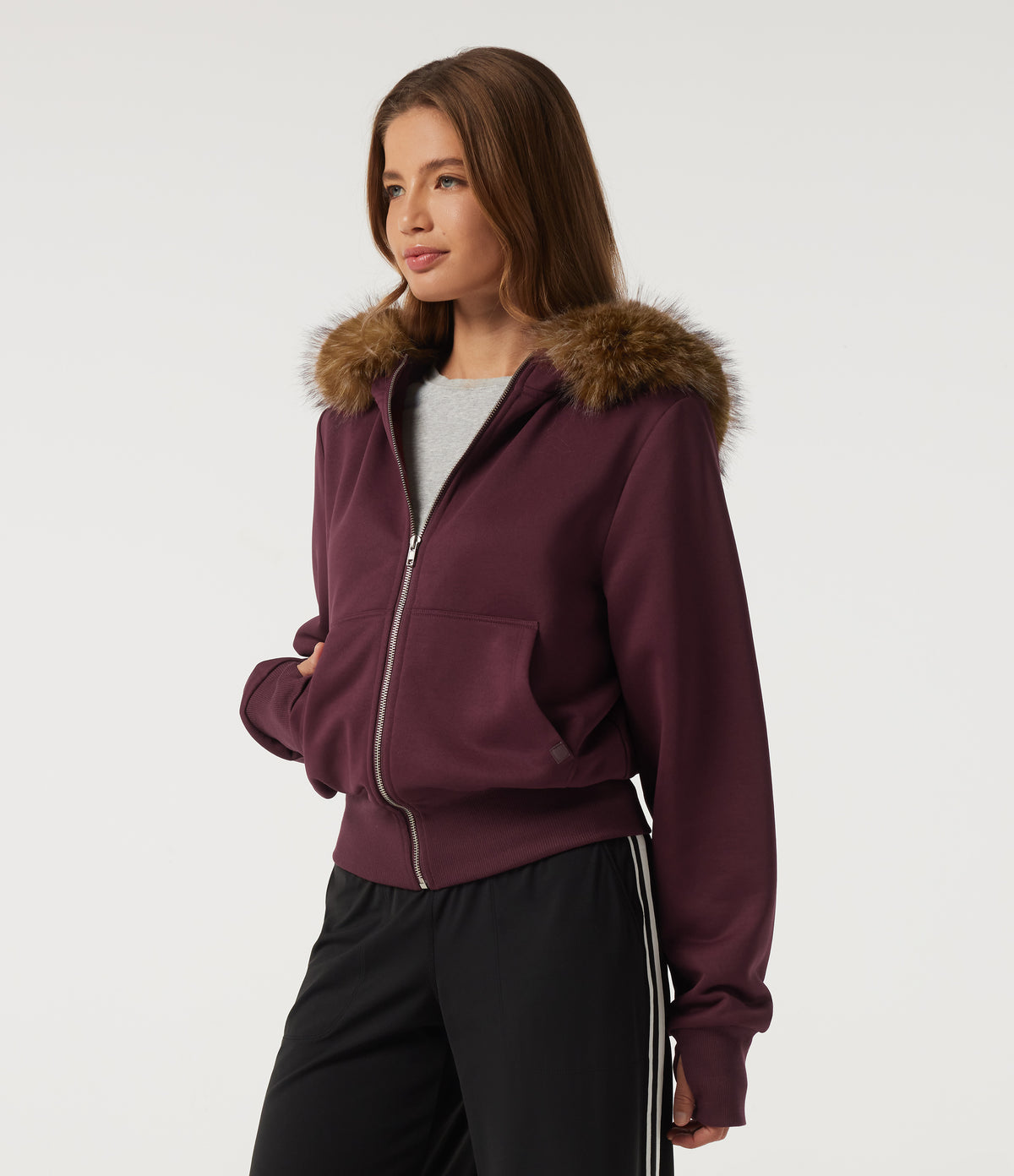 Full-Zip Casual Sweatshirt with Detachable Faux Fur Trimmed Hood and ThumbHoles and Pockets — Chocolate Truffle — view 3