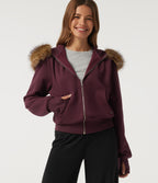 Full-Zip Casual Sweatshirt with Detachable Faux Fur Trimmed Hood and ThumbHoles and Pockets — Chocolate Truffle — view 1