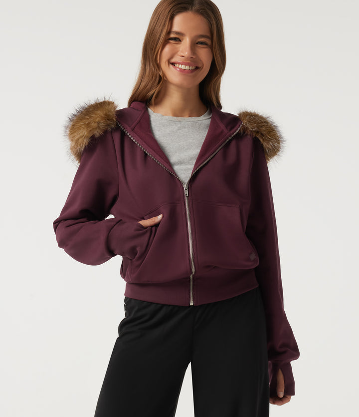 Full-Zip Casual Sweatshirt with Detachable Faux Fur Trimmed Hood and ThumbHoles and Pockets — Chocolate Truffle — view 1