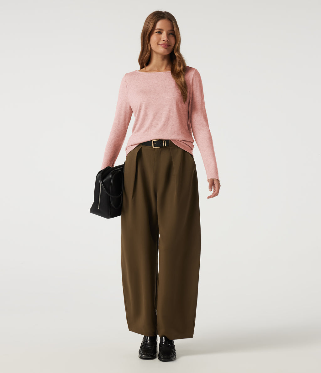 Boat Neck Long Sleeve Casual T-Shirt — Peach Pomelo Pink — view 6
