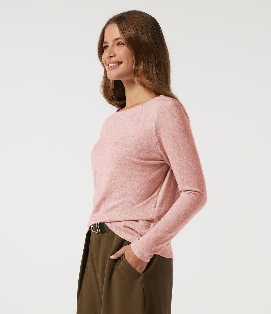 Boat Neck Long Sleeve Casual T-Shirt — Peach Pomelo Pink — view 3