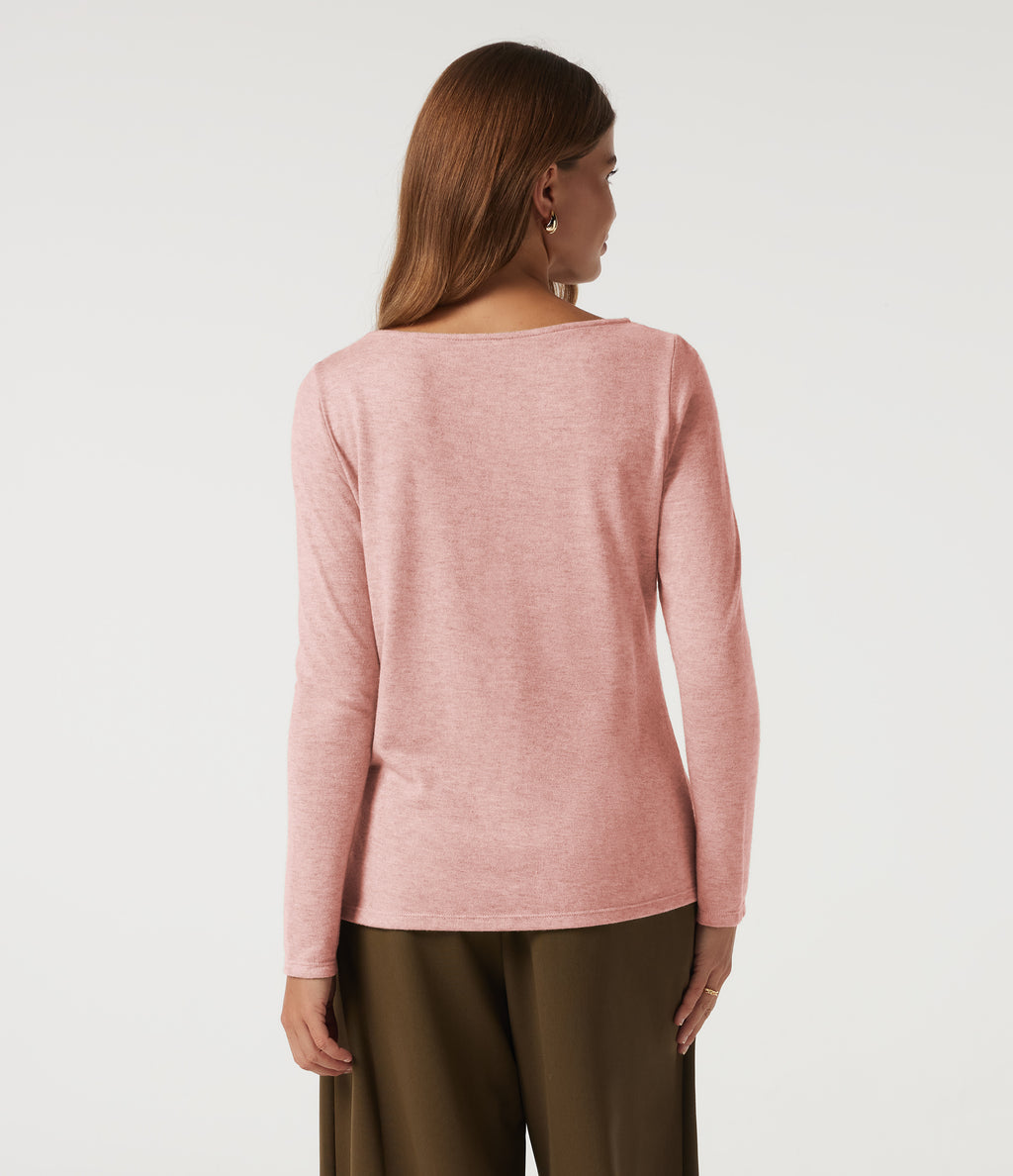 Boat Neck Long Sleeve Casual T-Shirt — Peach Pomelo Pink — view 2