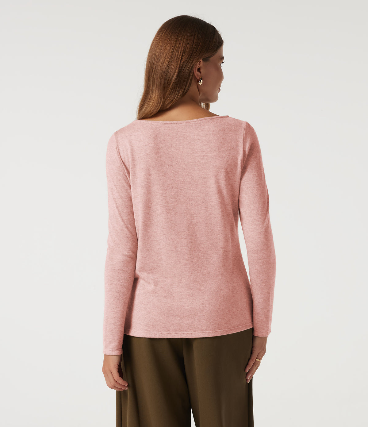 Boat Neck Long Sleeve Casual T-Shirt — Peach Pomelo Pink — view 2
