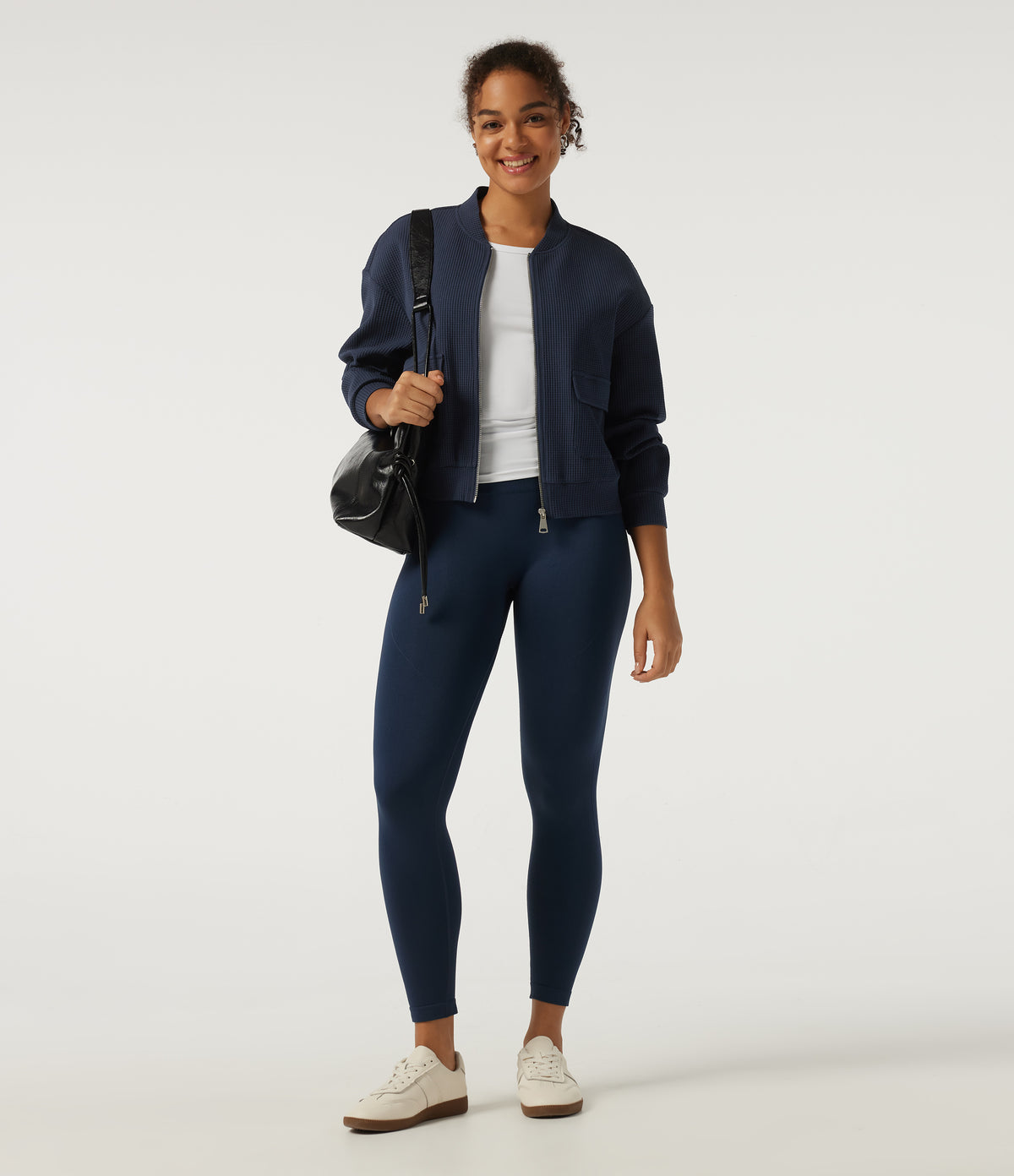 Stand Collar Long Sleeve Waffle Casual Jacket with Pockets — Midnight Blue — view 8