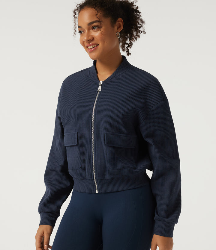 Stand Collar Long Sleeve Waffle Casual Jacket with Pockets — Midnight Blue — view 1