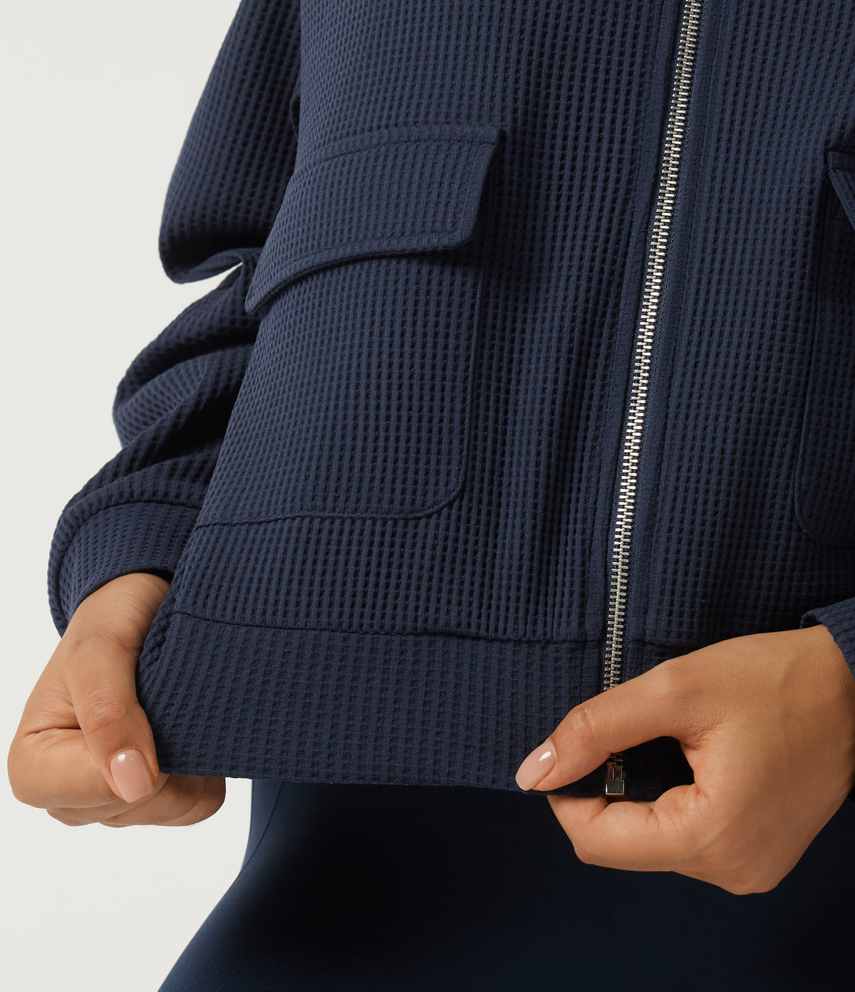 Stand Collar Long Sleeve Waffle Casual Jacket with Pockets — Midnight Blue — view 7