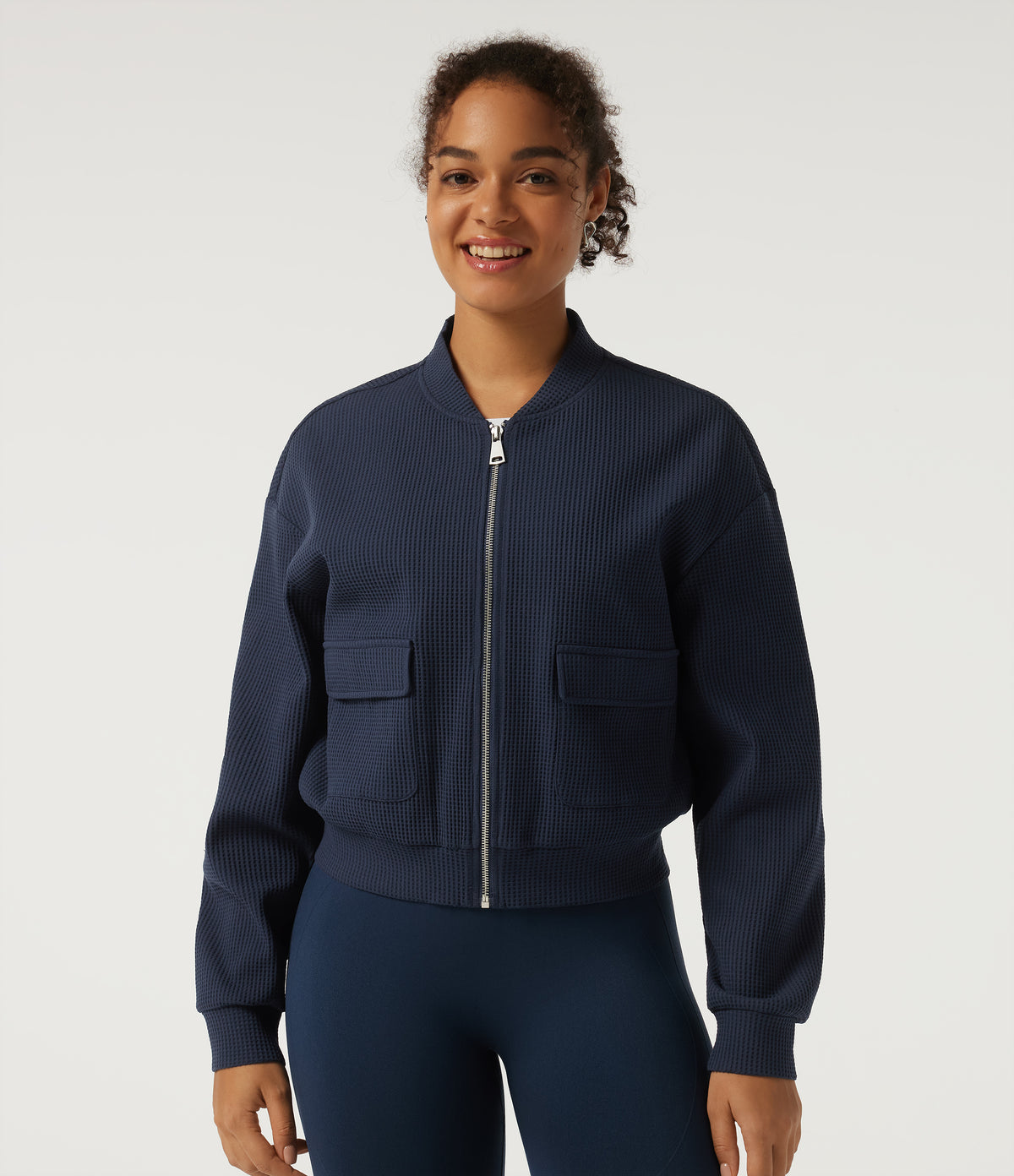 Stand Collar Long Sleeve Waffle Casual Jacket with Pockets — Midnight Blue — view 3