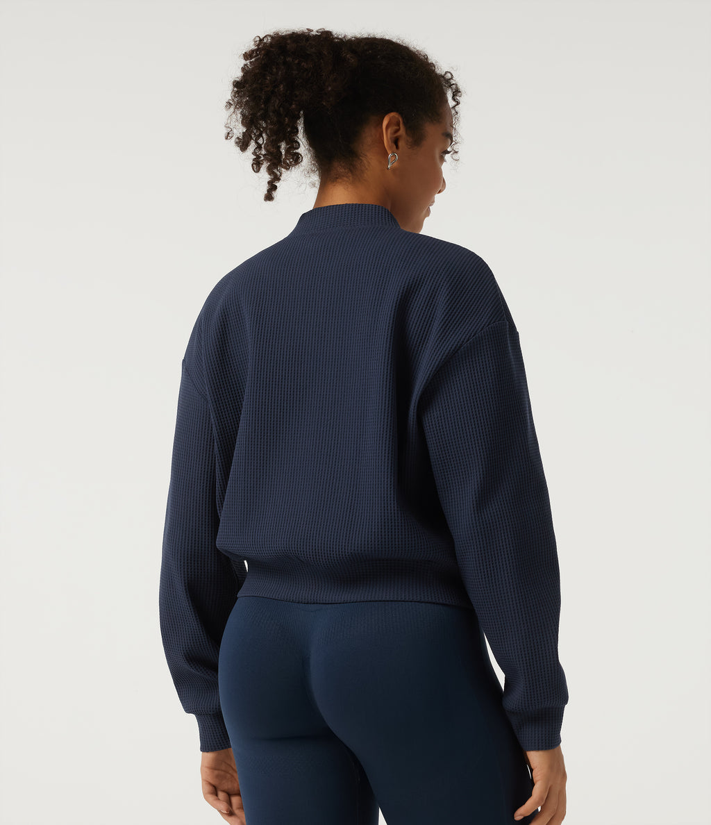 Stand Collar Long Sleeve Waffle Casual Jacket with Pockets — Midnight Blue — view 2