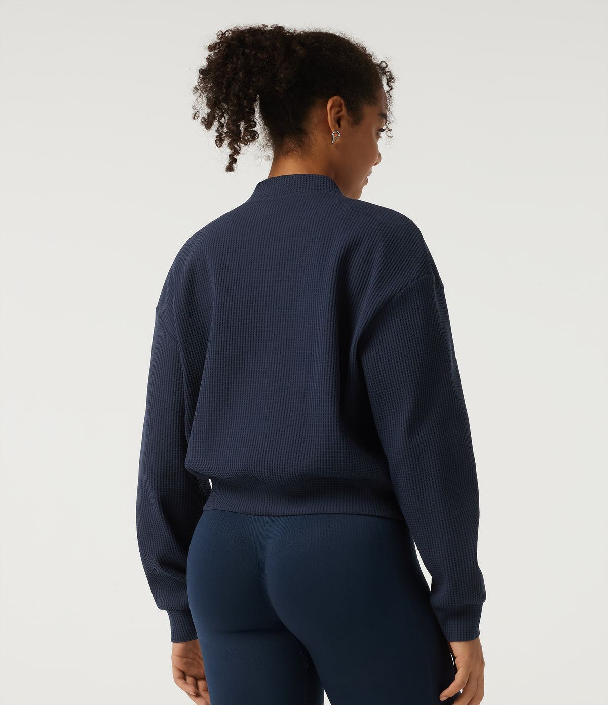 Stand Collar Long Sleeve Waffle Casual Jacket with Pockets — Midnight Blue — view 2