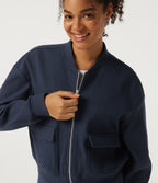 Stand Collar Long Sleeve Waffle Casual Jacket with Pockets — Midnight Blue — view 5