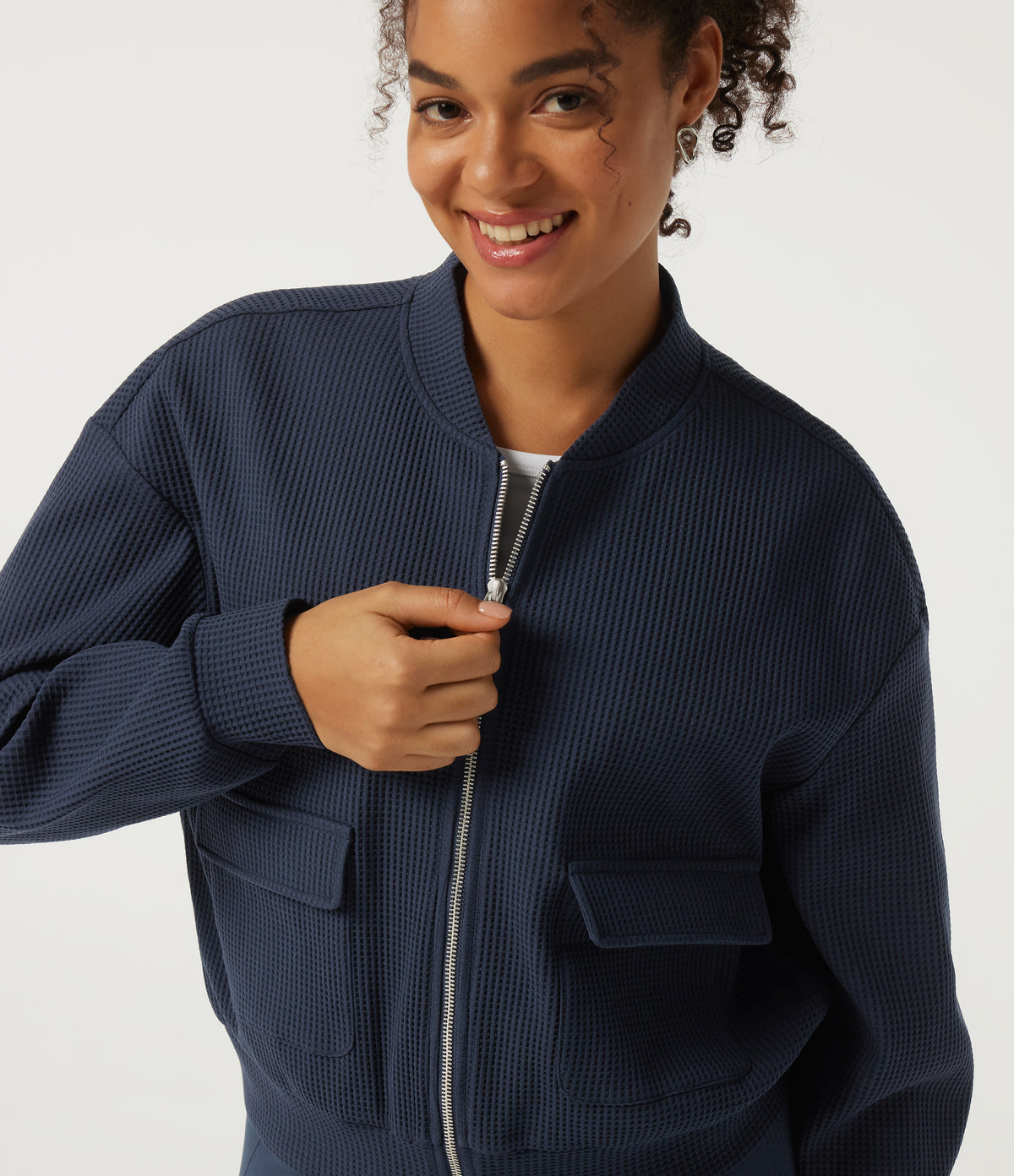 Stand Collar Long Sleeve Waffle Casual Jacket with Pockets — Midnight Blue — view 5