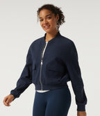 Stand Collar Long Sleeve Waffle Casual Jacket with Pockets — Midnight Blue — view 4