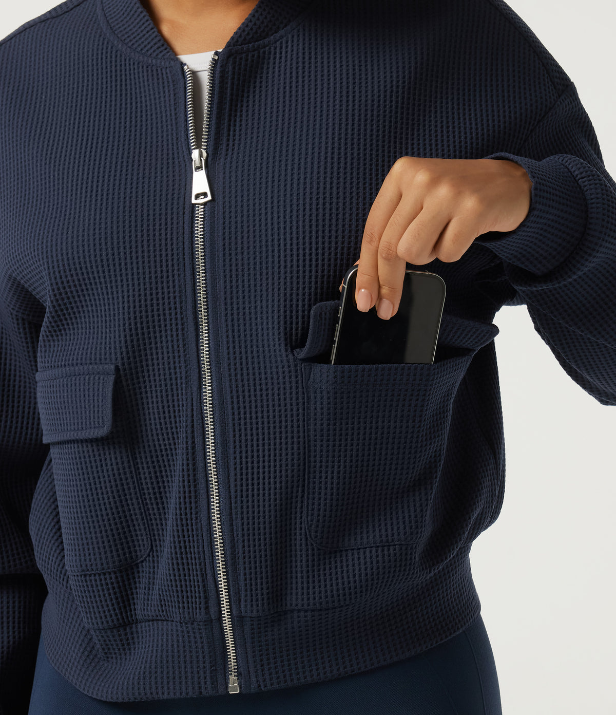 Stand Collar Long Sleeve Waffle Casual Jacket with Pockets — Midnight Blue — view 6
