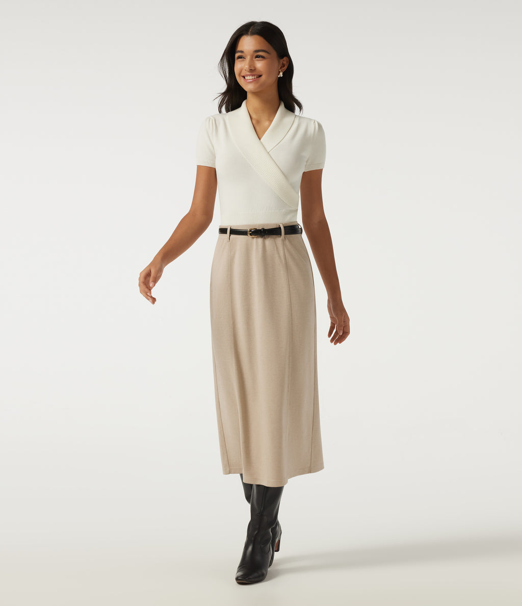 High Waisted Midi Casual Skirt — Flaxen Beige — view 7