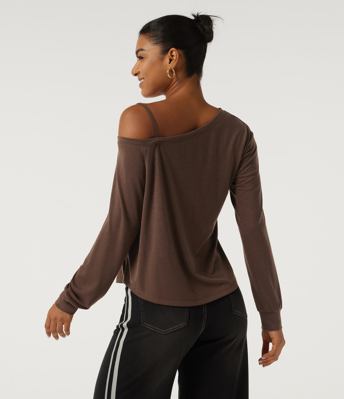 One Shoulder Long Sleeve Casual Top — Potting Soil — view 2