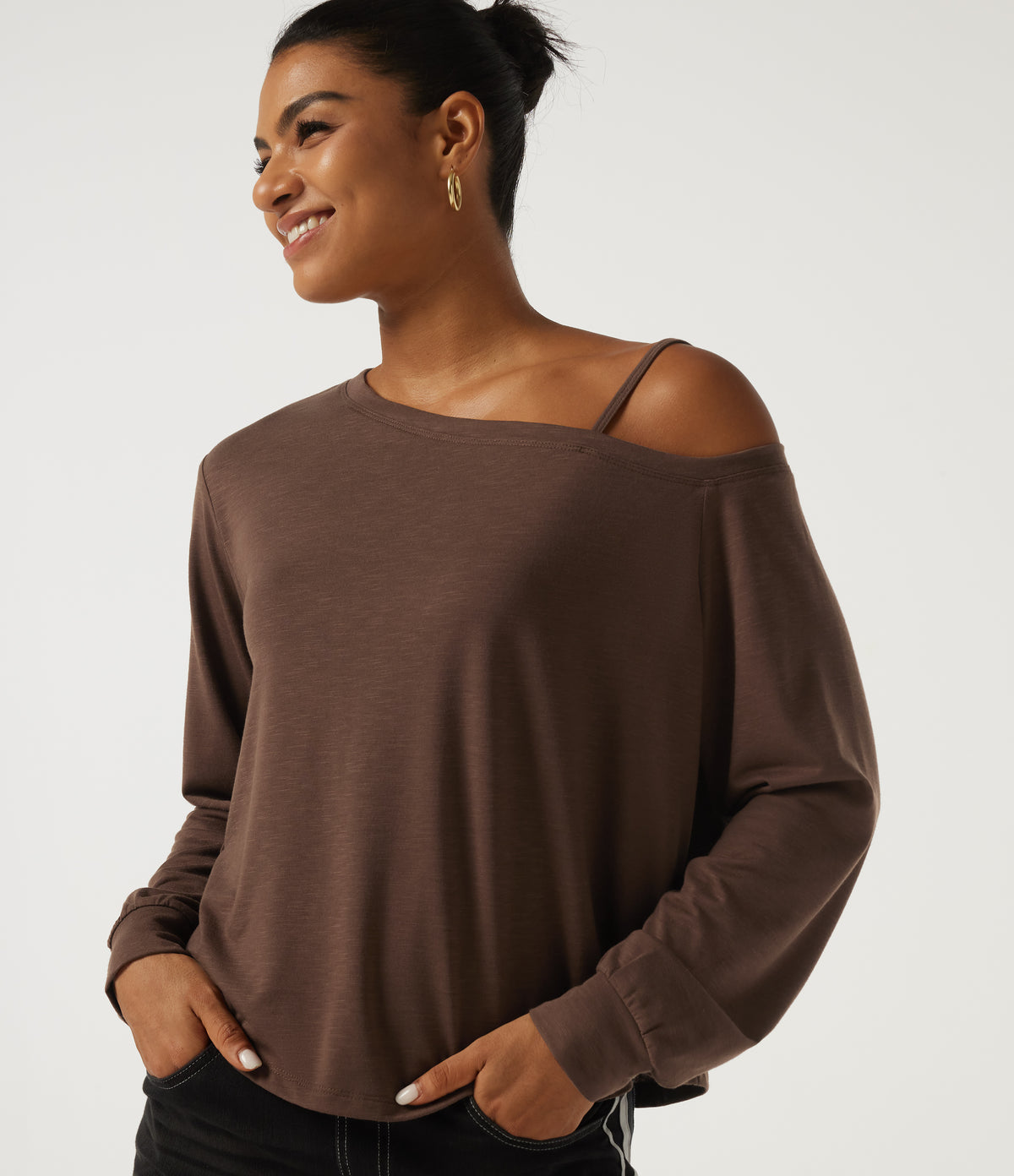 One Shoulder Long Sleeve Casual Top — Potting Soil — view 1