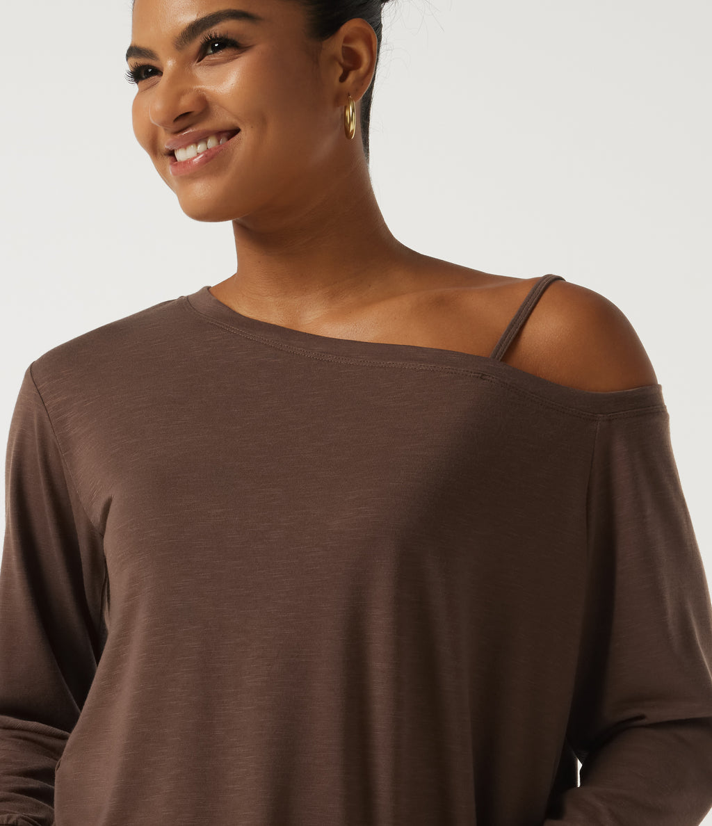 One Shoulder Long Sleeve Casual Top — Potting Soil — view 5