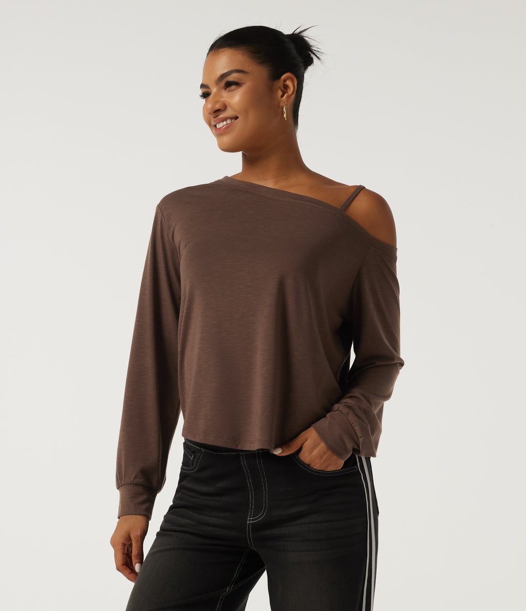 One Shoulder Long Sleeve Casual Top — Potting Soil — view 4