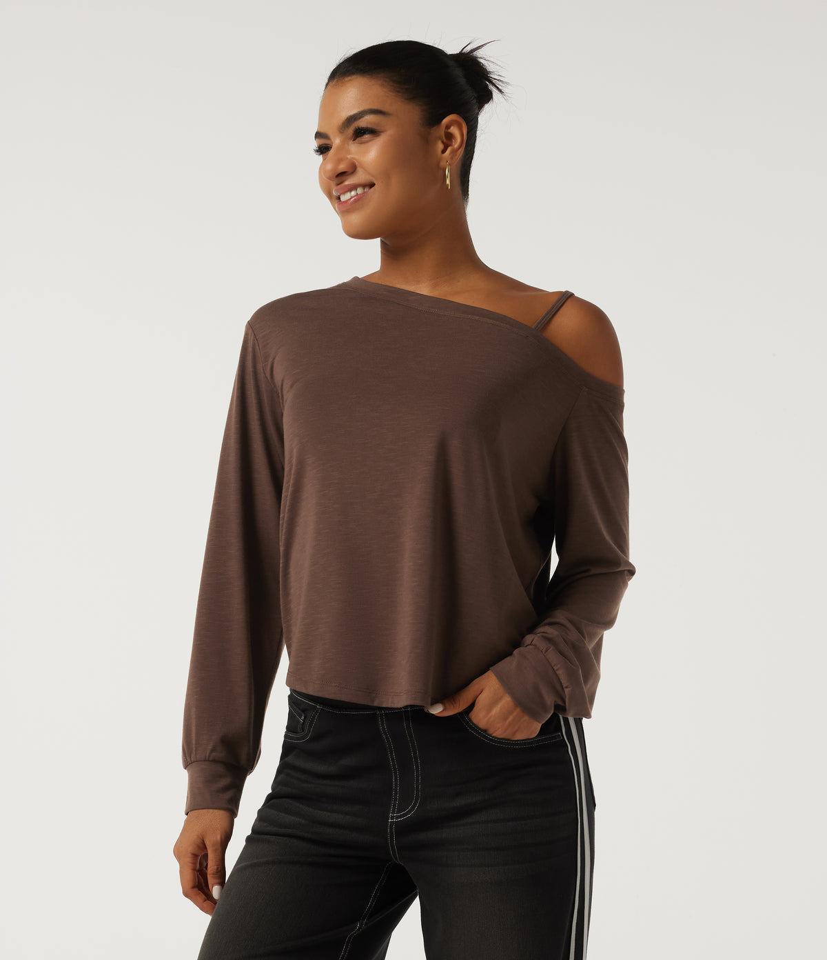 One Shoulder Long Sleeve Casual Top — Potting Soil — view 4