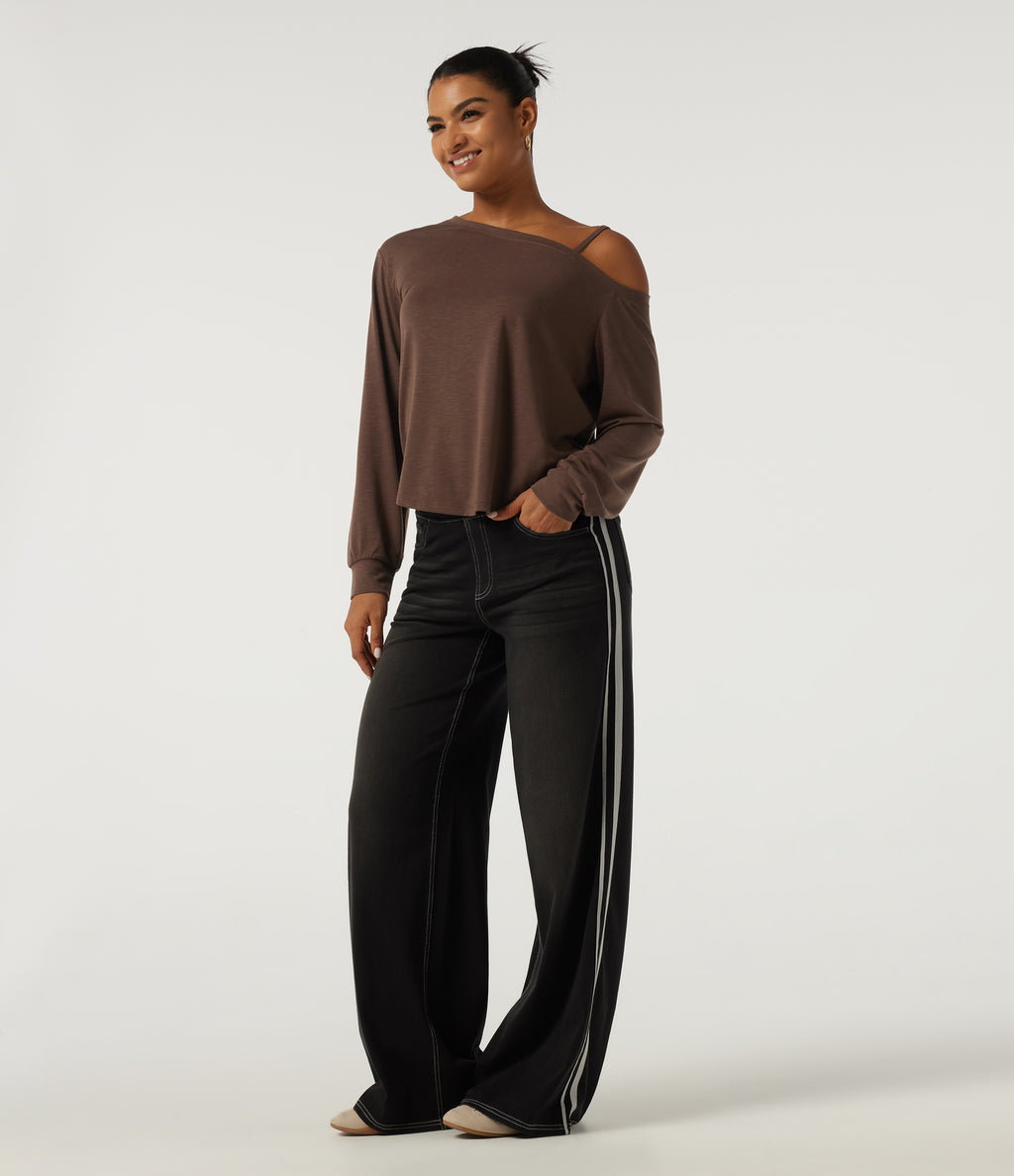 One Shoulder Long Sleeve Casual Top — Potting Soil — view 7