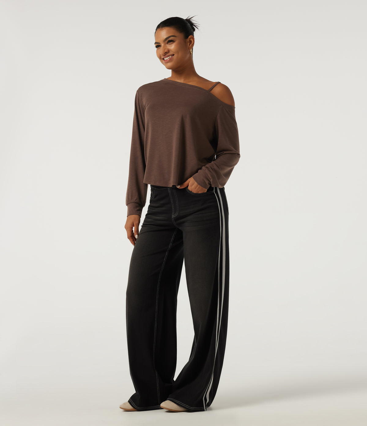 One Shoulder Long Sleeve Casual Top — Potting Soil — view 7