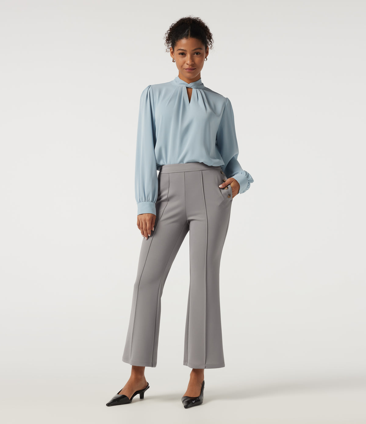 Mid Rise Pintuck Crepe Flare Work Trousers with Pockets — Paloma — view 8