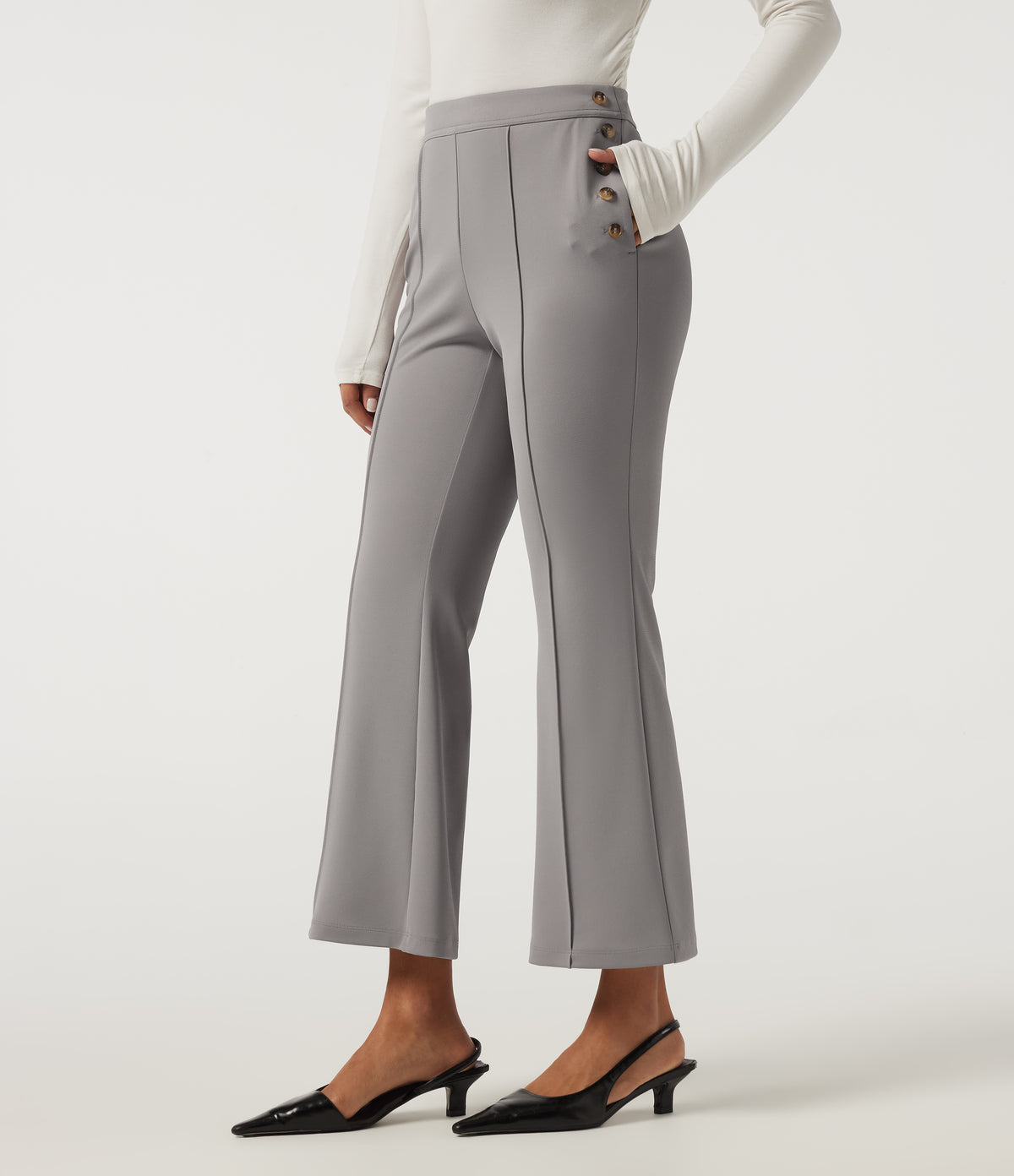 Mid Rise Pintuck Crepe Flare Work Trousers with Pockets — Paloma — view 3