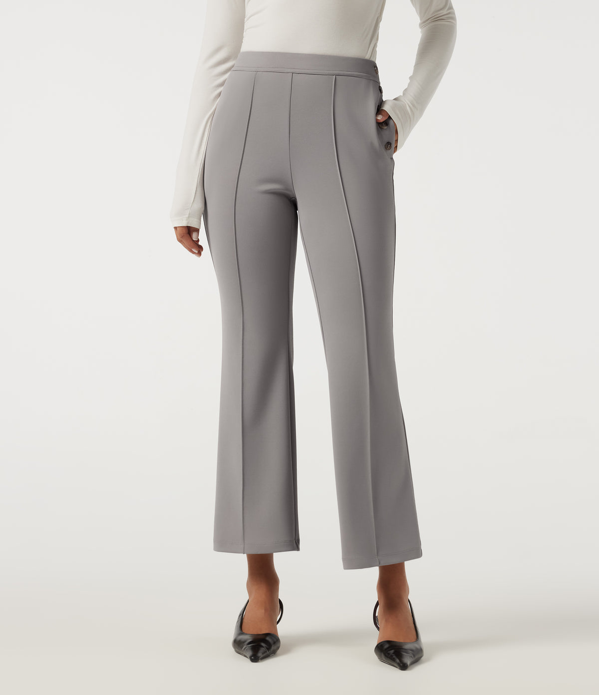 Mid Rise Pintuck Crepe Flare Work Trousers with Pockets — Paloma — view 1