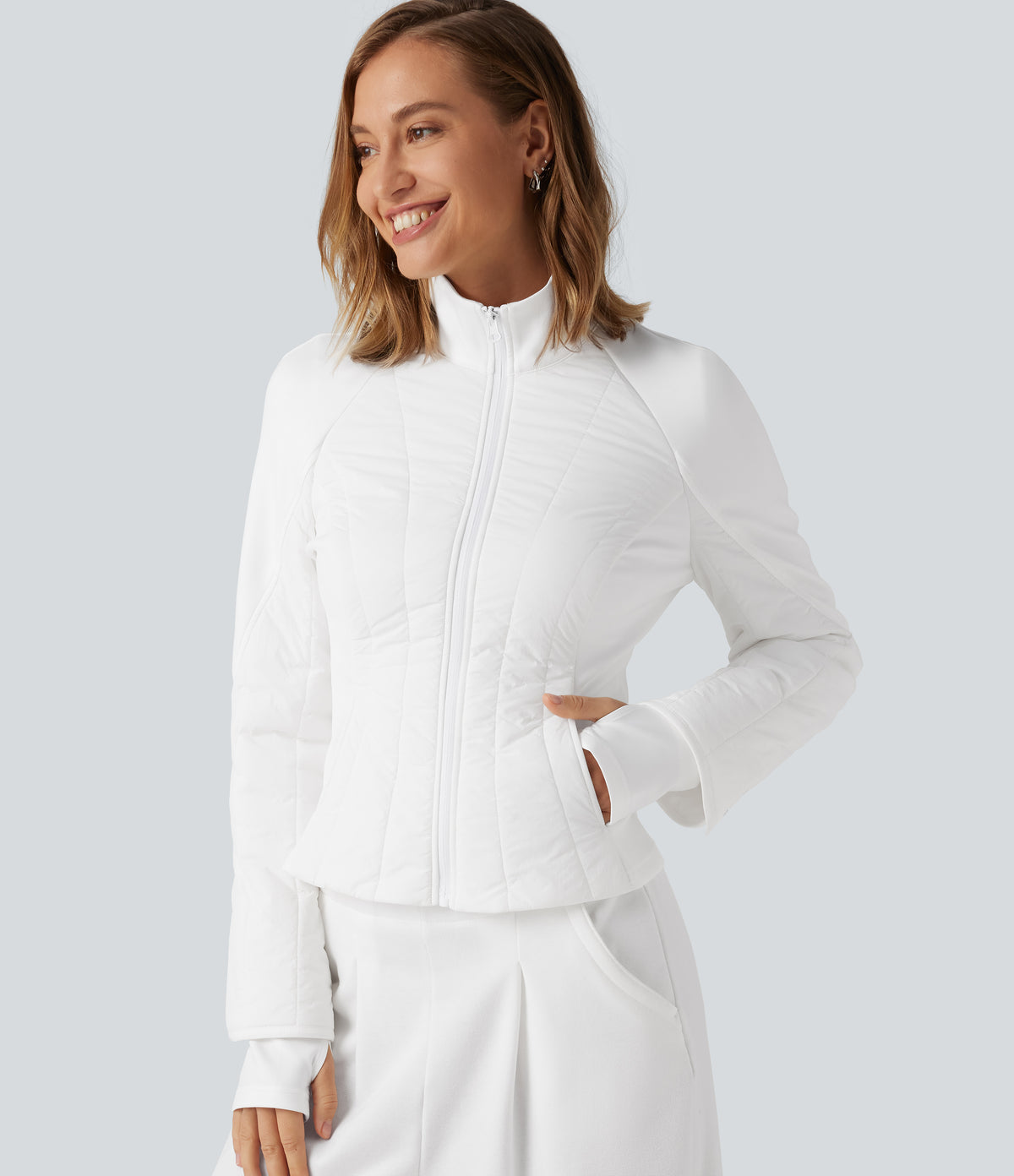 Mock Neck Long Sleeve Casual Padded Jacket with Pockets — Wispy Clouds — view 5