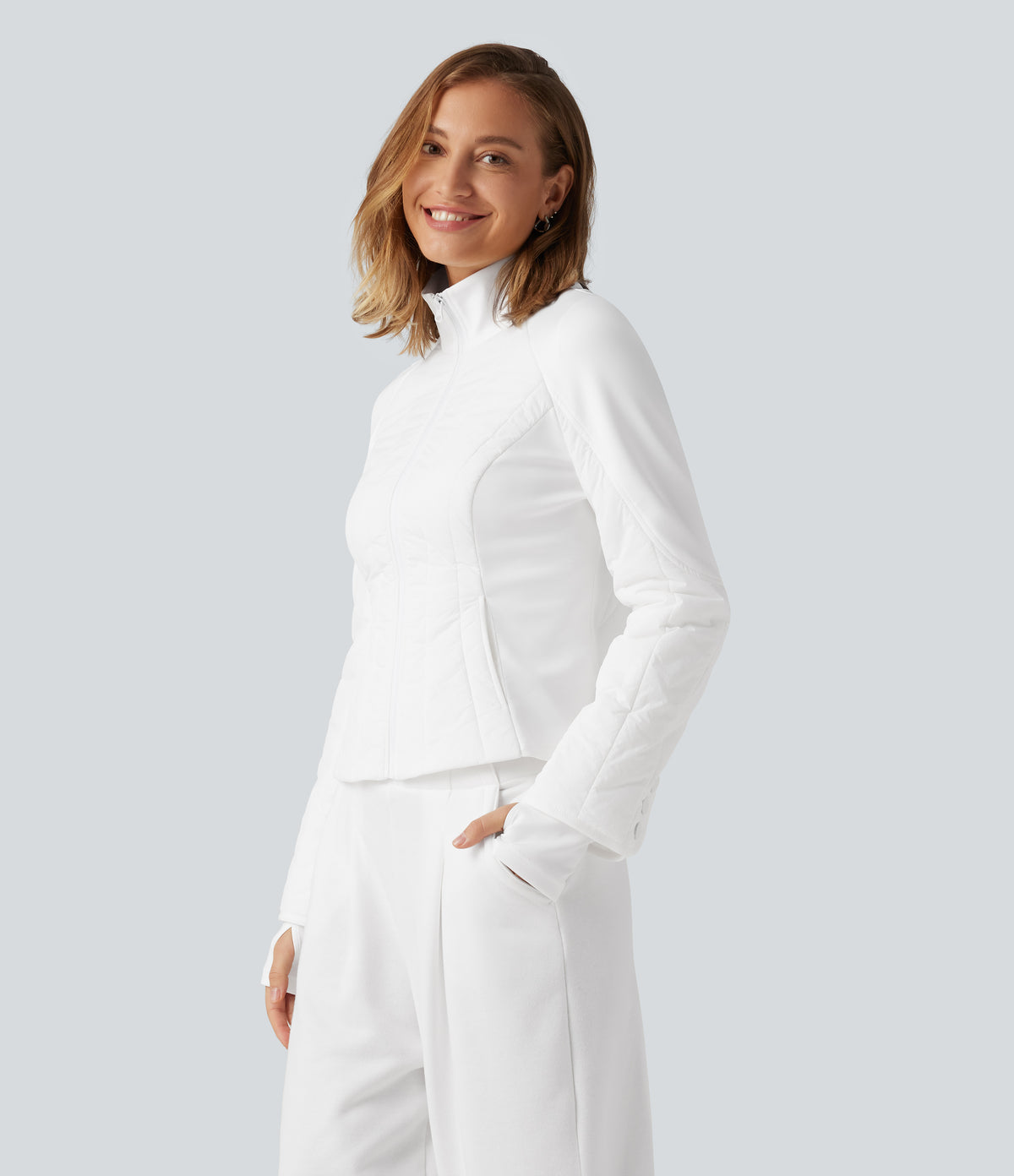 Mock Neck Long Sleeve Casual Padded Jacket with Pockets — Wispy Clouds — view 3